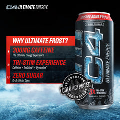 C4 Ultimate Frost Cherry Bomb Frost can showcases fruity flavor and energy