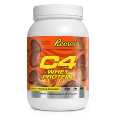 C4 Whey Protein Reese's Peanut Butter and Chocolate tub with 25g protein per serving.
