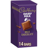 Cadbury Dairy Milk bulk-case image showing fourteen bars ready to share.