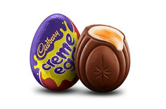 Cadbury creme eggs closeup showing creamy center wrapped in smooth chocolate for snacking