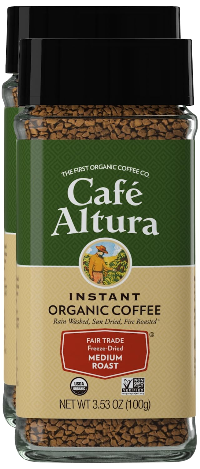 Cafe Altura freeze-dried instant coffee jar on a kitchen counter for quick mornings.