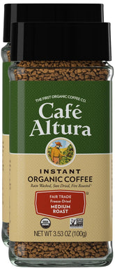 Cafe Altura freeze-dried instant coffee jar on a kitchen counter for quick mornings.