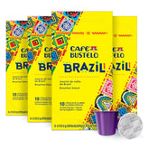 Cafe Bustelo Brazil Blend capsules on shelf showcasing bold authentic flavor.
