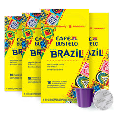 Cafe Bustelo Brazil Blend capsules on shelf showcasing bold authentic flavor.