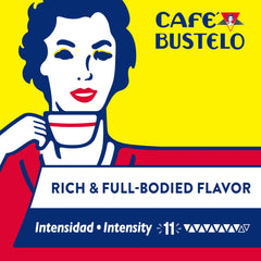 Cafe Bustelo capsules pouring into a cup, ideal for rich lattes and espressos