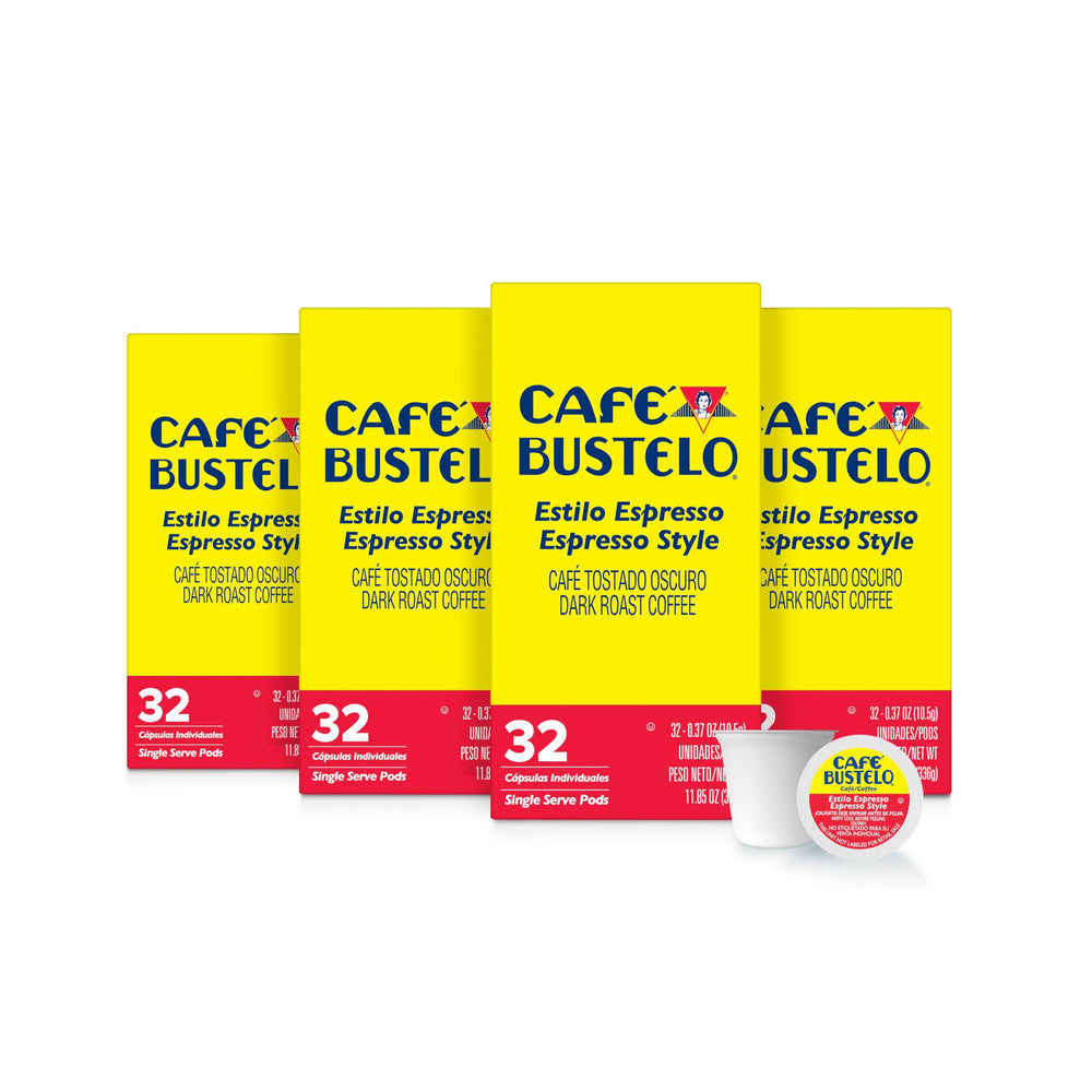 Cafe Bustelo espresso-style dark roast pods in a four-pack box, ideal for quick mornings