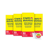 Cafe Bustelo espresso-style dark roast pods in a four-pack box, ideal for quick mornings