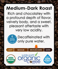Cafe Don Pablo Subtle Earth Decaf whole beans ready for grinding and brewing.