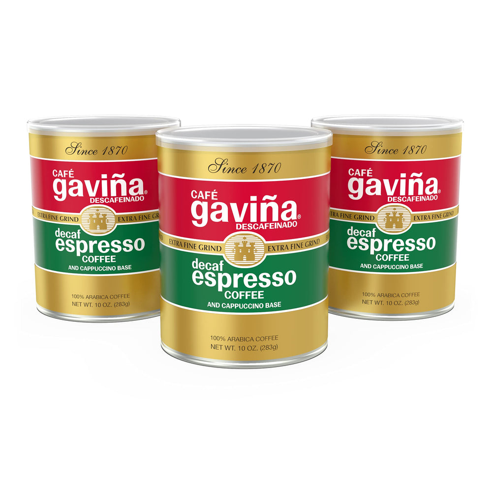 Café Gaviña Decaf Espresso Roast cans preserve freshness for bold decaf coffee