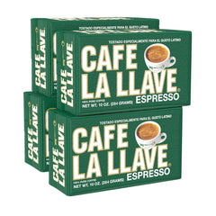 Cafe La Llave dark roast bricks ready for espresso extraction with rich crema.