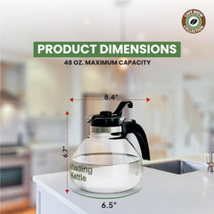 CAFÉ BREW COLLECTION glass kettle on stove demonstrates gas, electric, and glass range compatibility.