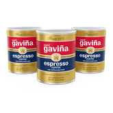 Café Gaviña Espresso Roast extra fine ground coffee can label highlighting bold flavor and crema potential.
