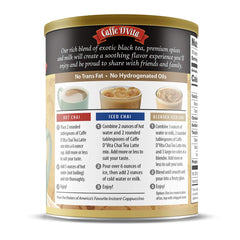 Caffe D'Vita Spiced Chai Latte tin promotes quick, convenient preparation.