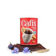 Cafix all-natural instant coffee substitute in tin and cup, ready to enjoy.