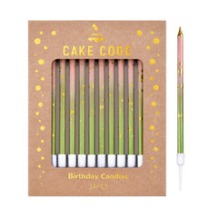 CAKE CODE pink green gold long-thin candles on cake for vibrant birthday moments