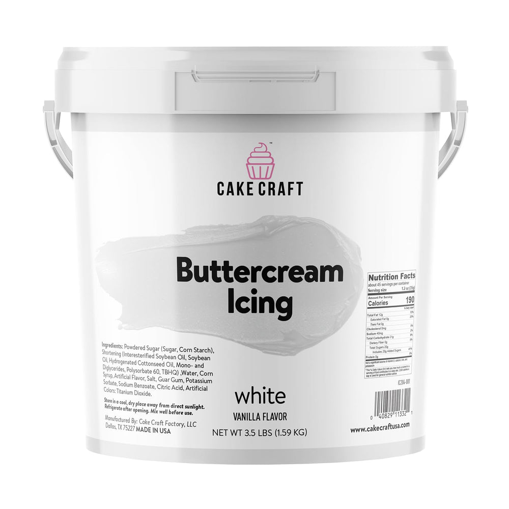 Cake Craft Buttercream icing 3-5lb tub close-up shows silky texture for flawless piping.