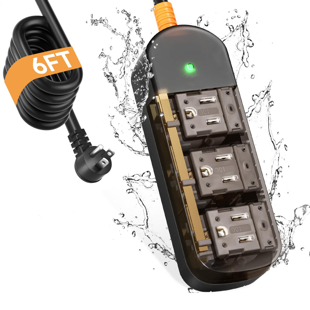CAKINKON outdoor power strip front view with weatherproof three outlets for outdoor use.