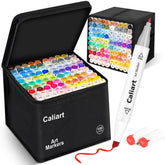 Caliart markers 100 colors set swatches on paper for vibrant illustrations.
