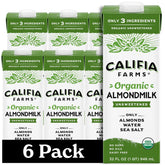 Califia Farms Organic Almondmilk bottle shows simple three-ingredient formula for dairy-free use.