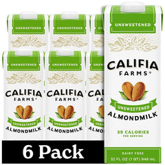 Califia Farms Unsweetened Almond Milk pack on shelf for pantry stocking.