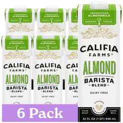 Califia Farms Unsweetened Barista Blend almond milk bottle for creamy dairy-free coffees.
