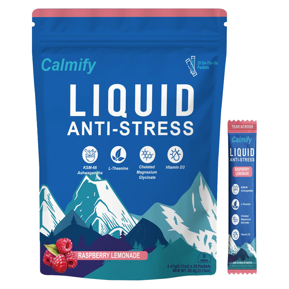 Calmify Liquid Anti Stress Cortisol bottle showing a sugar-free magnesium drink for calm focus.