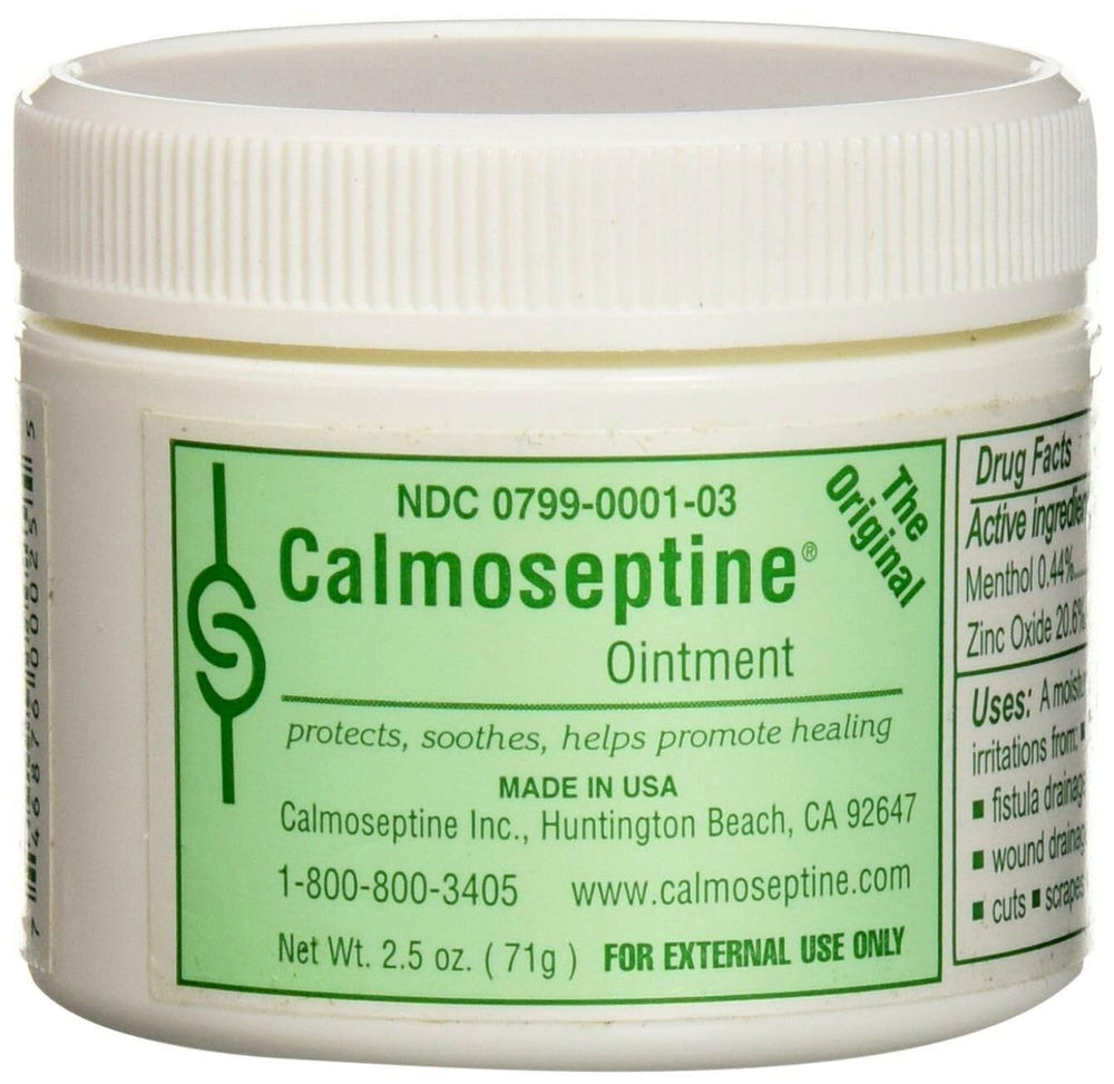 Calmoseptine ointment jar close-up showing barrier cream for sensitive skin