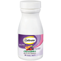 Caltrate Chewables bottle front showing label and 60 count, convenient daily calcium.