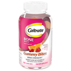 Caltrate Gummy Bites bottle close-up highlighting calcium and vitamin D for bone support.