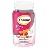 Caltrate Gummy Bites bottle front shows convenient bone-support gummies.
