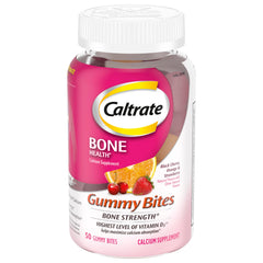 Caltrate Gummy Bites bottle front shows convenient bone-support gummies.