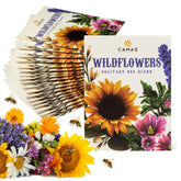 Camas Pollinator Seed Packets attract bees on flowers for pollinator-friendly gardens.