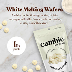 Cambie Merckens white melting chocolate wafers used to dip strawberries with gloss.
