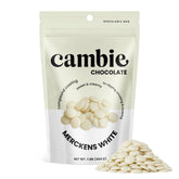 Cambie Merckens white melting chocolate wafers packaging for quick, easy melting.