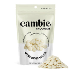 Cambie Merckens white melting chocolate wafers packaging for quick, easy melting.