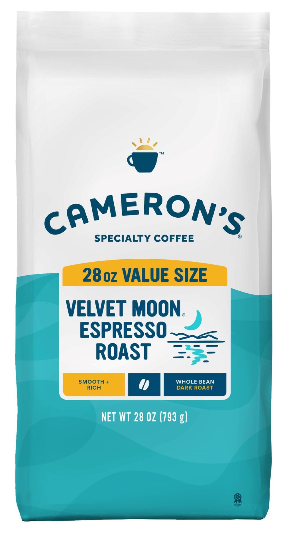 Cameron's Velvet Moon Espresso Roast bag showing premium whole beans for a smooth morning brew.