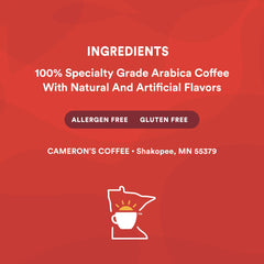 Cameron's Coffee whole beans closeup emphasizes rich aroma and quality.