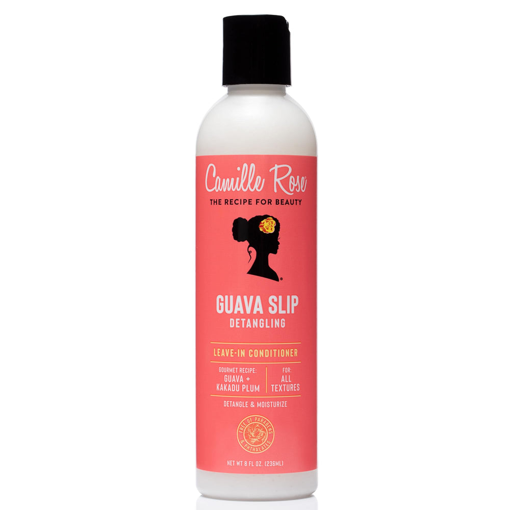 Camille Rose Guava Slip detangle bottle shows smooth, knot-free strands.