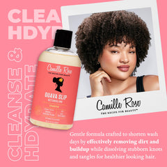 Camille Rose Guava Slip Detangling Shampoo label highlights nourishing ingredients