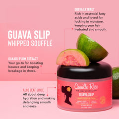 Camille Rose Guava Whipped Hair Cream model hair close-up highlighting defining shine.