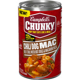 Campbell's Chunky Chili Dog Mac Soup can on shelf, ready for a hearty meal.