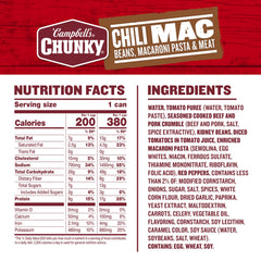 Campbell's Chunky Chili Mac ingredients include beef, pork crumble, beans, pasta, and tomatoes for flavor