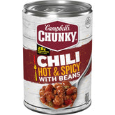 Campbell's Chunky hot and spicy chili with beans in a can, ready to heat for a hearty meal.