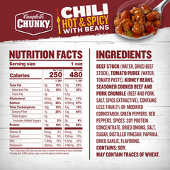 Campbell's Chunky hot and spicy chili with beans in a steaming bowl, bold flavor on display.