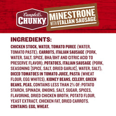 Campbell's Chunky Minestrone with Italian Sausage close-up of tomatoes and veggies, protein-rich