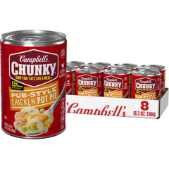 Campbell’s Chunky Pub-Style Chicken Pot Pie Soup can front shows hearty meal option.