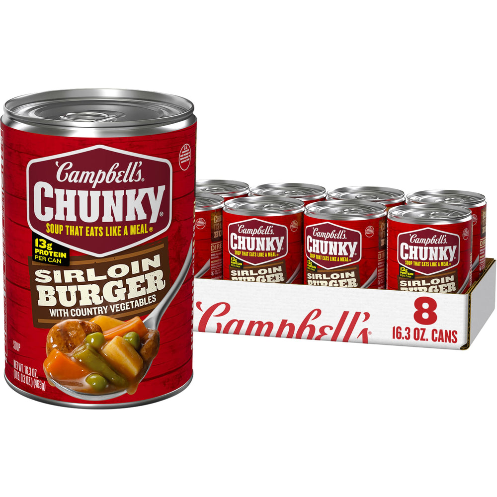 Campbell’s Chunky Sirloin Burger with Country Vegetables Soup can front, ideal for a hearty, quick meal.