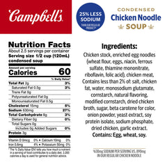 Campbell's condensed chicken noodle soup can closeup showing broth and noodles