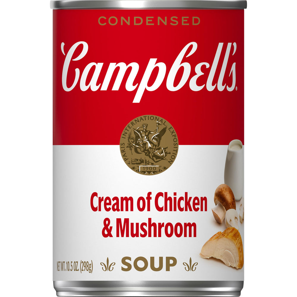Campbell's Cream of Chicken and Mushroom Soup can on shelf, ready to heat for quick meals
