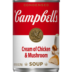 Campbell's Cream of Chicken and Mushroom Soup can on shelf, ready to heat for quick meals
